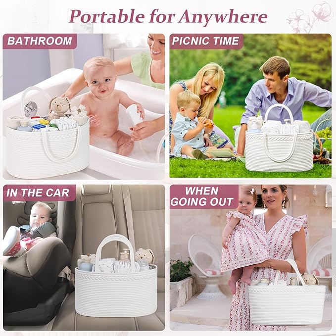 13.5L Baby Diaper Caddy Organizer, 15.3"x9.8"x7" Cotton Rope Diaper Basket, Changing Table Storage Caddy With Removable Divider, Baby Basket for Nursery, Car, Diapers, Baby Shower Gifts for Newborn