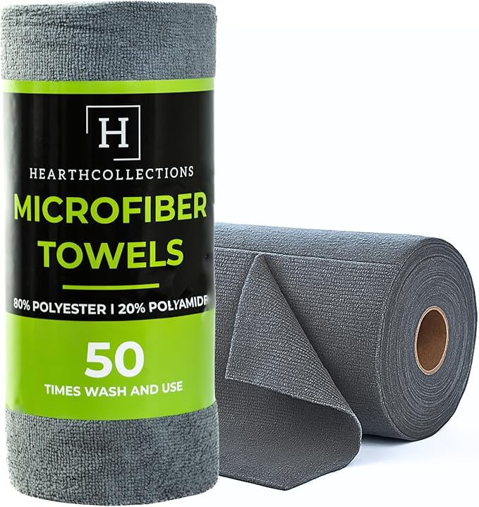 Microfiber Cleaning Cloth Roll Tearaway, 50 PCS Tear Away Towels, Reusable & Washable, Ultra Absorbent 12" x 5.5" Dish Rags for Car, Home, Kitchen, , 180 GSM Thickness, Paper Towel Alternative