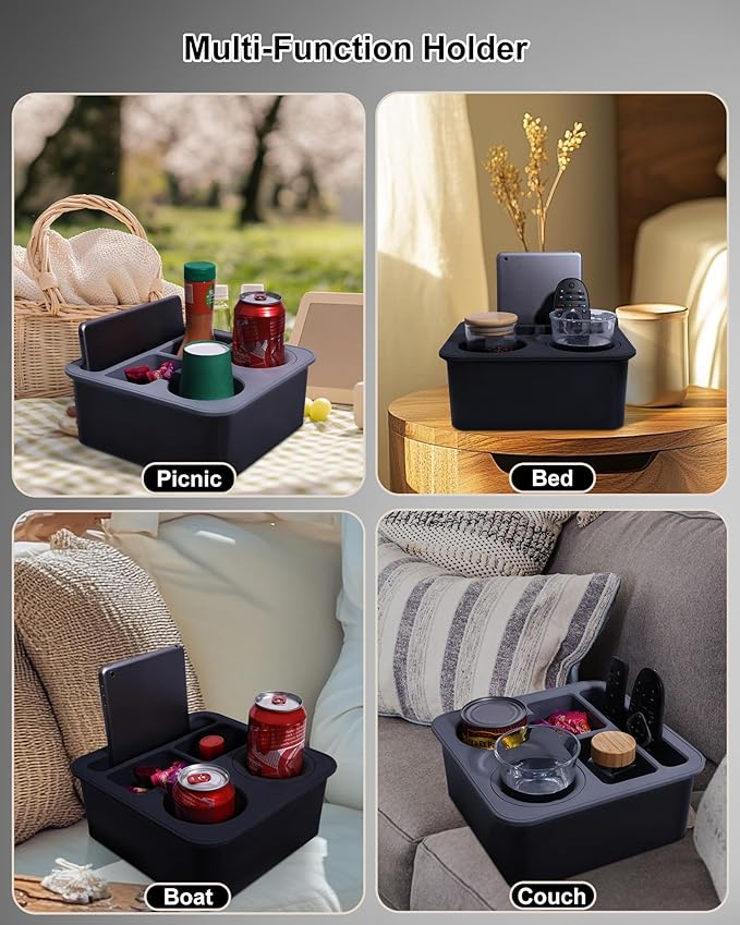 Car Cup Holder Tray Bonfixe 4-Inch Anti-Spill Design - Stable Backseat Organizer with Anti-Slip Pads | Food-Grade Silicone Couch Caddy for Car, Truck, Home, Office (Black-Grey)