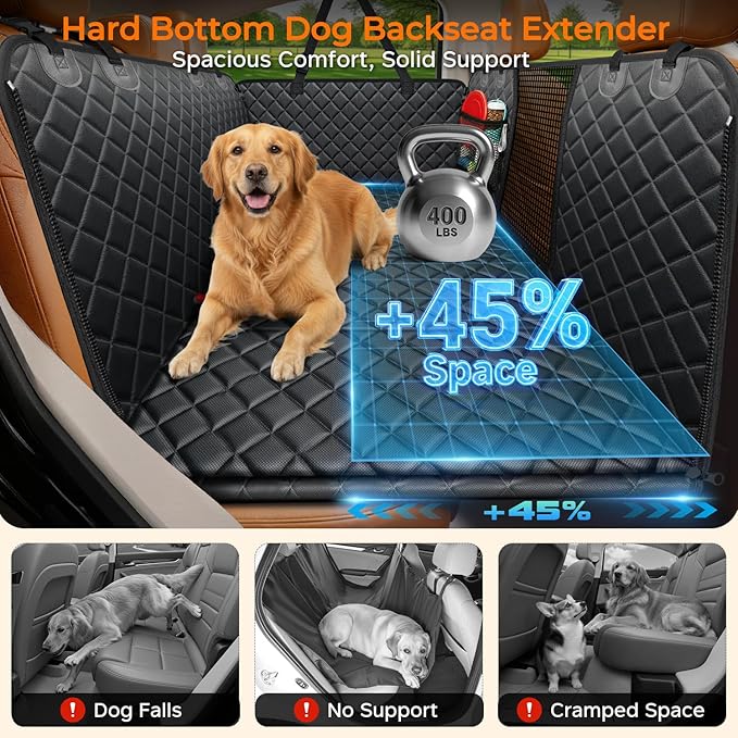 URPOWER Backseat Extender for Dogs - Hard Bottom Dog Car Seat Cover for Back Seat, Dog Hammock for Car and SUV, Pet Rear Seat Protector Dogs Travel Bed with Mesh Window & Side Flaps