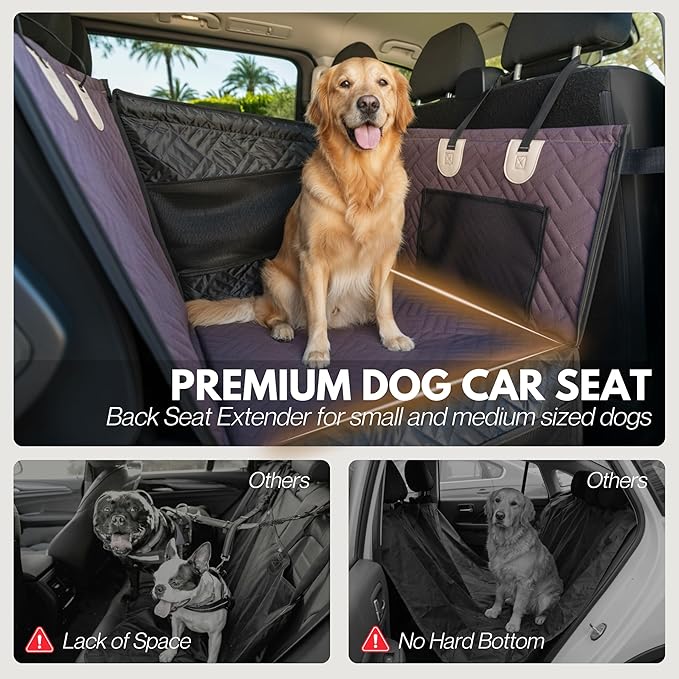 Dog Car Seat Cover with Hard Bottom – Back Seat Extender for Small & Medium Dogs, Waterproof & Non-Slip Hammock, Reinforced & Stable Design with Storage Pockets for Cars, SUVs & Trucks (Brown)
