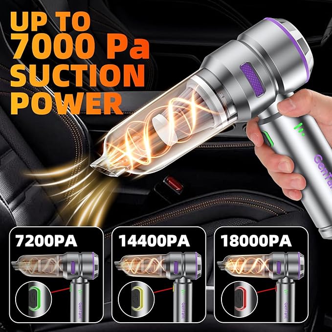 Car Vacuum Portable Cordless, 18000PA Portable Vacuum Cordless, High Power Air Duster with Brushless Motor, Type-C Charge, 3 in 1 Small Vacuum Cleaner Cordless for Car, Home, Office, Pet Hair