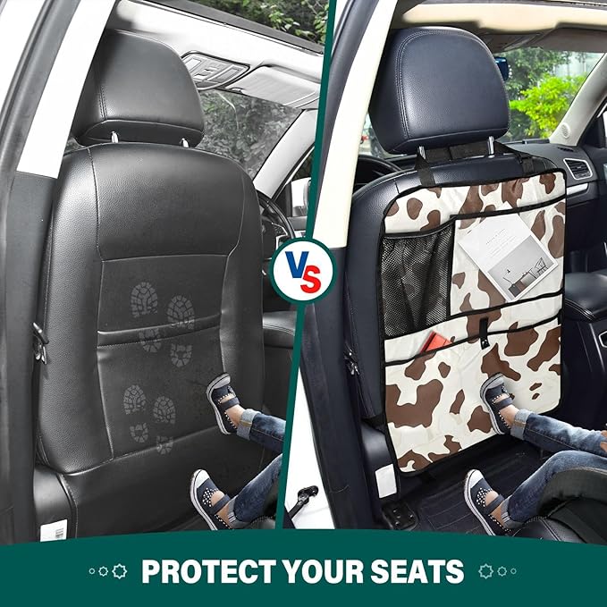 Brown Cow Print 2 Pack Backseat Car Organizer with Storage Pockets Seat Back Organizers for Kids Kick Mats Backseat Protector Automotive