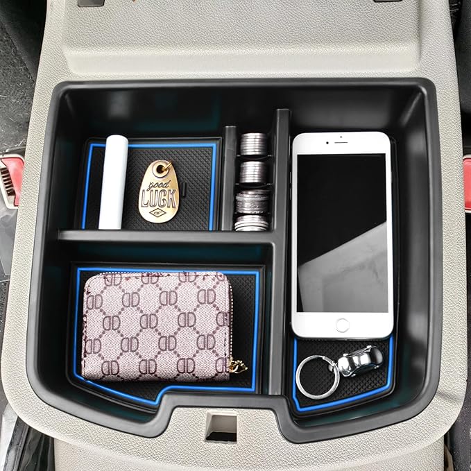 HGWEI Center Console Organizer Compatible with 2007-2014 Chevy Silverado GMC Sierra Avalanche Tahoe Suburban Yukon Yukon XL Accessories, Floor Mounted Center Console ONLY,Blue Trim