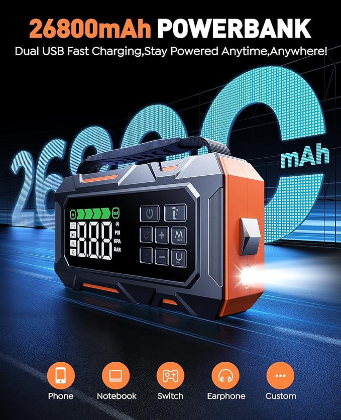 TREKURE 16-in-1 Car Jump Starter with Air Compressor 160PSI, 8000A Jump Starter Jump Box (All Gas 12L Diesel), Jumper Cables Jumper Starter Portable with Car Roadside Emergency Kit, Gloves, Lights