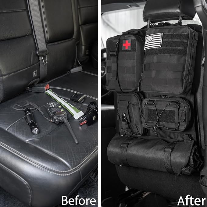 Car Organizer Back Seat, Tactical Seat Back Organizer with 5 Detachable MOLLE Pouches, Universal MOLLE Car Accessories for Vehicle Car Truck SUV