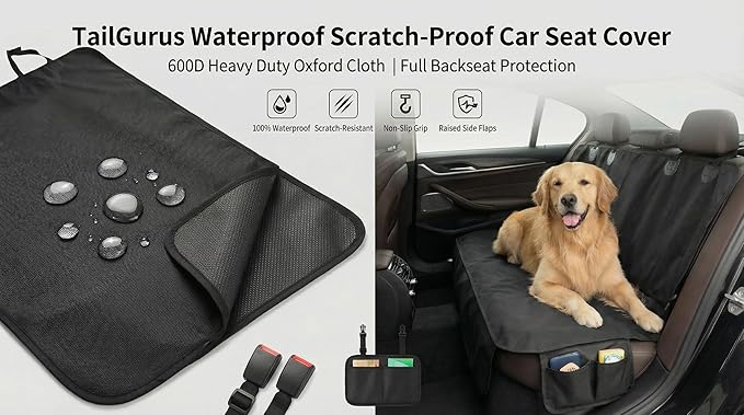 Dog Car Seat Cover for Pets - 100% Waterproof 600D Oxford Heavy Duty Hammock Style Scratch Proof Non Slip Back Seat Protector with Side Flaps, Fits Cars Trucks SUVs, Black