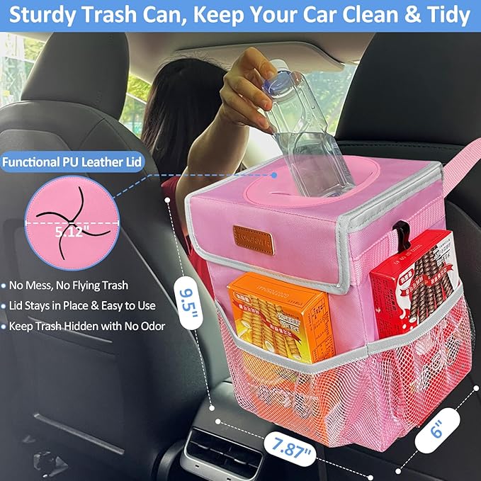 ELONGRIVER Car Trash Can for SUVs, Trucks, Vans - Pink, 2 Gallons Capacity, Leak-Proof Liner, Utility Clasps, Cute Design