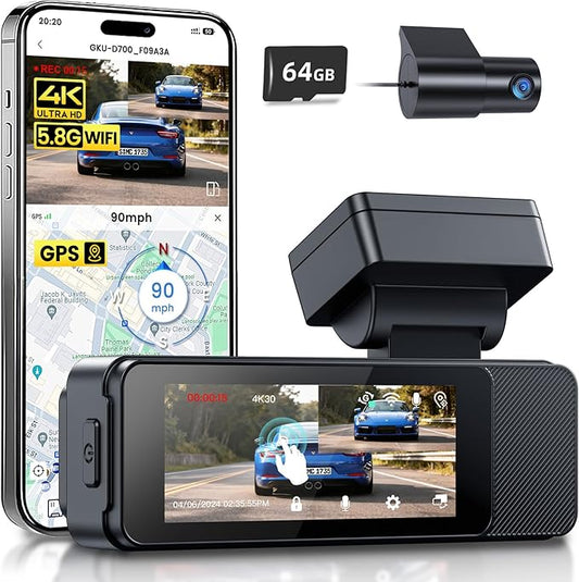 GKU Dash Cam Front and Rear, 3.18'' Touchscreen, 4K+1080P Dashcam, Built-in GPS, 5.8GHz WiFi Dash Camera for Cars with 24H Parking Monitor, Night Vision, WDR, Supports 512GB Max
