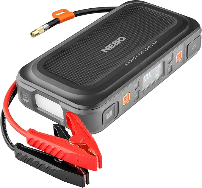 NEBO Assist Air 1500XP Jump Starter and Air Compressor | 44.4Wh Power Supply Box Restarts 12V Battery Vehicles, 150 PSI Air Compressor Inflates Tires, Integrated Floodlight, USB Ports, TSA Approved