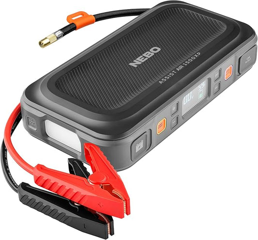 NEBO Assist Air 1500XP Jump Starter and Air Compressor | 44.4Wh Power Supply Box Restarts 12V Battery Vehicles, 150 PSI Air Compressor Inflates Tires, Integrated Floodlight, USB Ports, TSA Approved