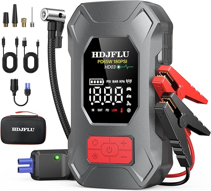 7500A Jump Starter with 180PSI Air Compressor, 24000mAh Car Battery Jump Starter(All Gas/10.0L Diesel), 65W Fast Charge, 10-in-1 Portable Auto Tire Inflator, Cigarette Lighter, Jumper Cable, LED Light