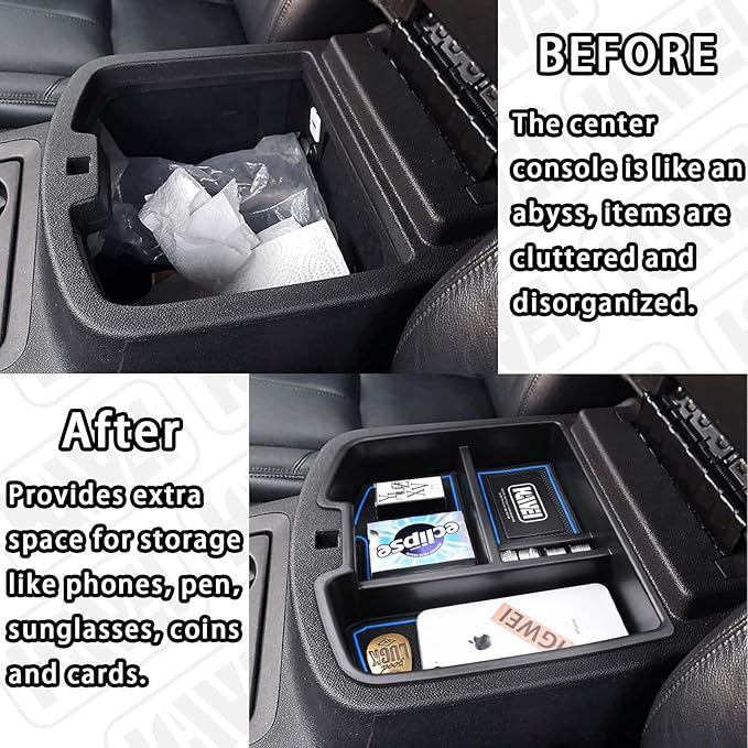 HGWEI Center Console Organizer Compatible with 2007-2014 Chevy Silverado GMC Sierra Avalanche Tahoe Suburban Yukon Yukon XL Accessories, Floor Mounted Center Console ONLY,Blue Trim