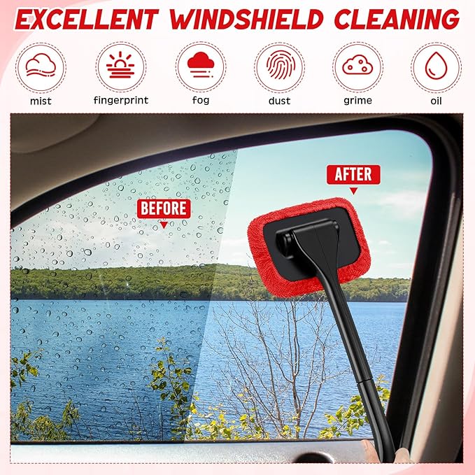 FoldTier 8 Pcs Car Windshield Cleaner Tool Kit with Removable Handle, Microfiber Towel Pads, Brush, Empty Spray Bottle for Auto Glass Wiper Suvs Rvs & Home Windows(Red)