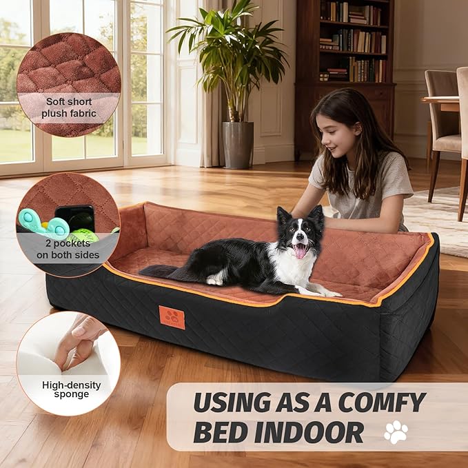 XIEEAOZEE Large Dog Car Seat, Memory Foam Dog Car Bed for Backseat & Trunk, Washable Pet Booster Seat Under 100 lbs or 2 Medium Dogs, Pet Travel Seat with Storage Pockets,2 Safety Belts