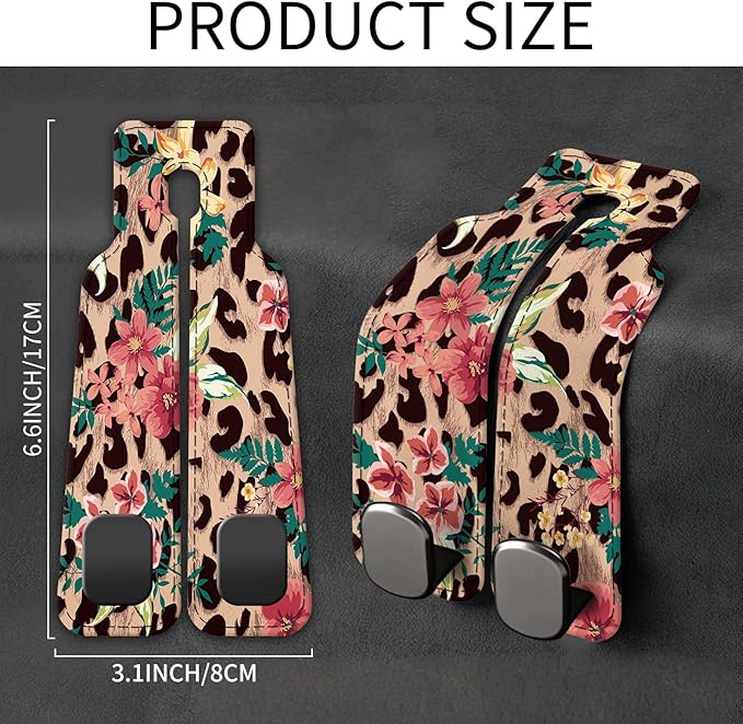 Car Seat Back Storage Headrest Hook, Premium Leather Double Metal Hook, Hanger Storage Organizer for Purse Cloth Bag, Car Interior Accessories Cute Flower Leopard