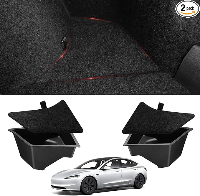 BASENOR Tesla Model 3 Highland Trunk Organizer, TPE Waterproof Rear Trunk Side Storage Bins Box with Carpeted Lip for 2026-2024 Model 3 Interior Accessories (Standard/Premium/Performance) Set of 2