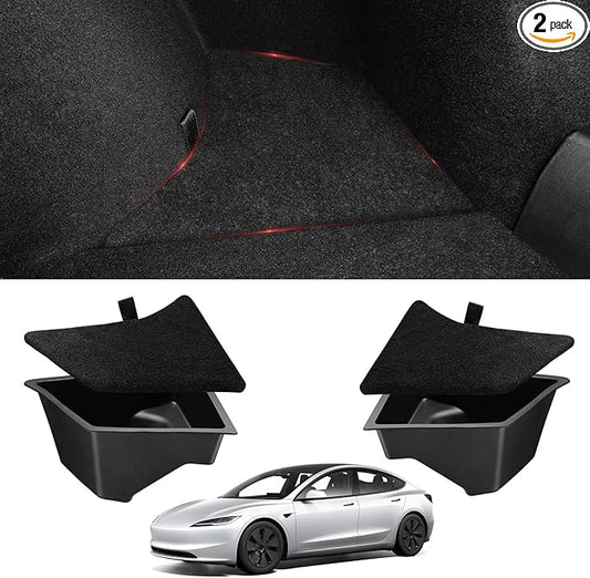BASENOR Tesla Model 3 Highland Trunk Organizer, TPE Waterproof Rear Trunk Side Storage Bins Box with Carpeted Lip for 2026-2024 Model 3 Interior Accessories (Standard/Premium/Performance) Set of 2