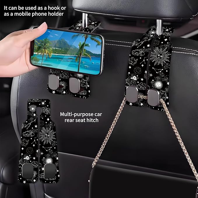 Car Seat Back Storage Headrest Hook, Premium Leather Double Metal Hook, Hanger Storage Organizer for Purse Cloth Bag, Car Interior Accessories Black White Sun Moon