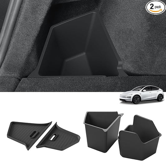 LUCKEASY Rear Trunk Storage Bins Fit for Tesla Model Y Juniper 2025 2026 Trunk Side Storage Box with Lids Rear Cargo Garbage Bins for Model Y Juniper 2025.03-Present Accessories Black TPE