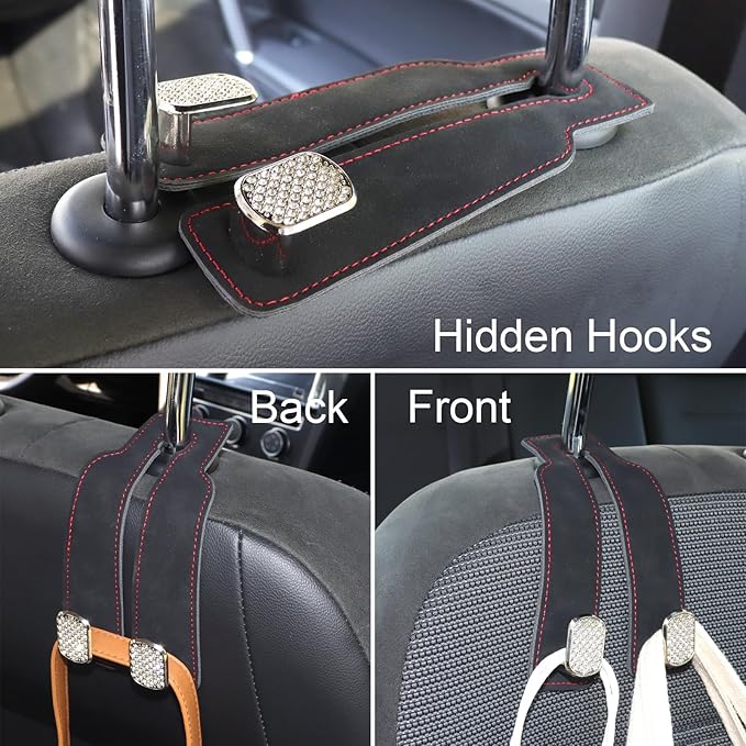 Purse and Bag Hook for Car, Zinc Alloy Seat Headrest Hooks, Upgraded Leather Cute Car Seat Back Purses Hanger and Bags Holder (Black Diamond, 2Pack)