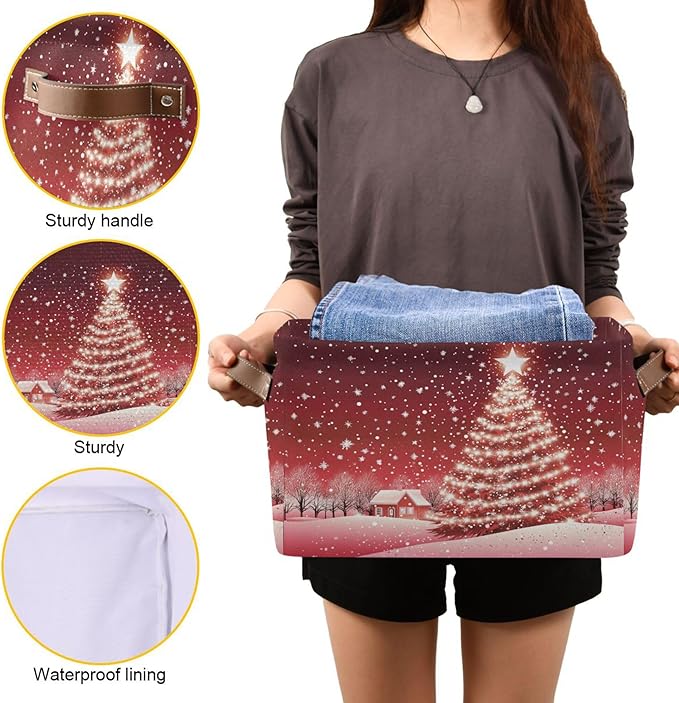 Christmas Tree Red Storage Basket with Waterproof Liner and PU Handles Xmas Winter Snow Scene Storage Bins Boxes 14.2" Collapsible Decorative Organizer Baskets for Bedroom Closet Office 1 Pack