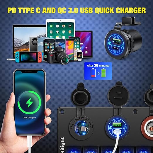 Nilight 8 Gang Rocker Switch Panel Waterproof Aluminum Marine with PD Type C & USB Charger Cigarette Lighter Socket Voltmeter Inline Fuse 12V 24V ON Off Pre-Wired Switches for Car Truck Boat