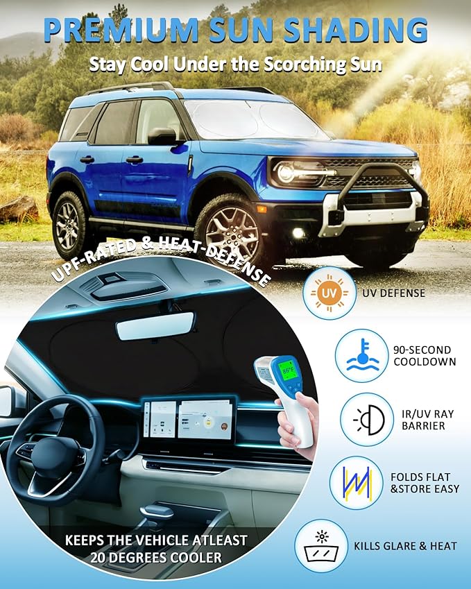Sunshade for Bronco Sport Windshield Sun Shade for 2025 2024 2023 2022 2021 Ford Bronco Sport 4Door Accessories Foldable Front Window Shield Cover Sun Visor Protector Block UV Rays Heat Reflector