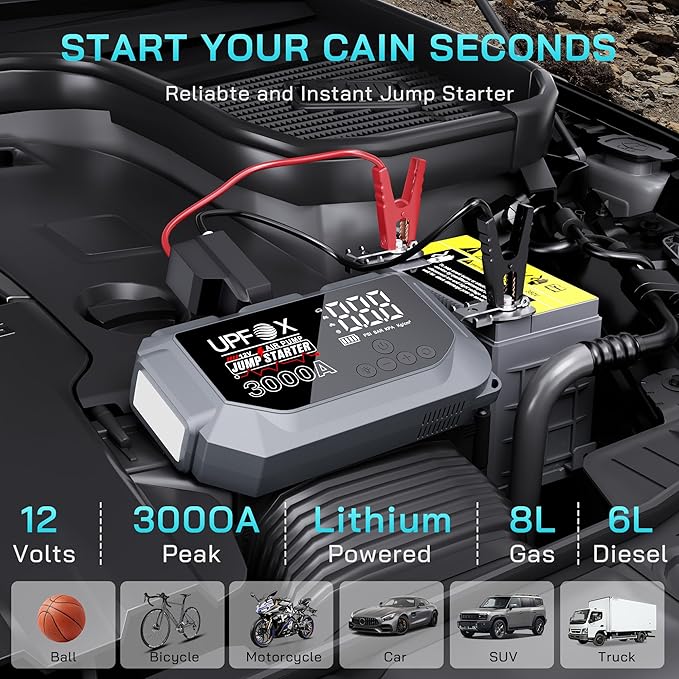 3000A Jump Starter with Air Compressor 12V, 44.4Wh Portable Car Jump Starter for 8.0L Gas & 6.0L Diesel Engines, 150PSI Tire Inflator with LED Display, Emergency Jump Box with Jumper Cables
