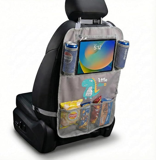 Backseat Car Organizer for Kids, Car Seat Organizer with 11” Touch Screen Tablet Holder, Rear Seat Storage Bag with Drink Pockets, Anti-Kick Seat Back Protector for Travel (Gray Dinosaur)