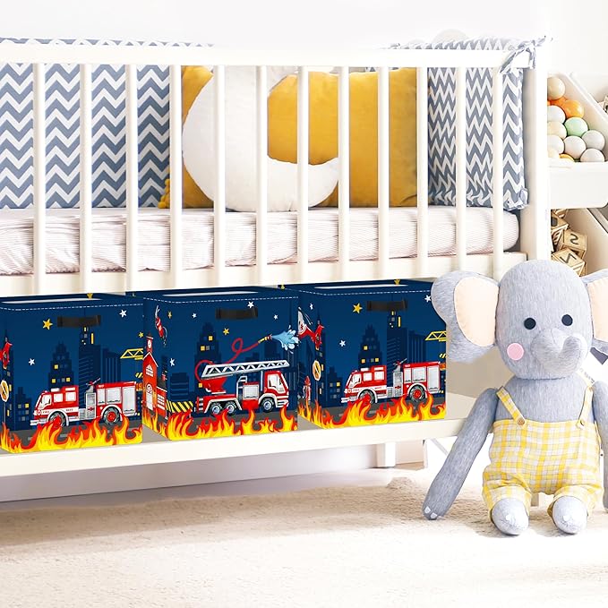 Clastyle Cars Kid Storage Cube Organizer Set Closet Clothes Cube Storage Bin Nursery Toddler Toy Box Chest Girl Boy Book Shelf Basket,‌Fire Truck,11.8x11.8x11.8 in