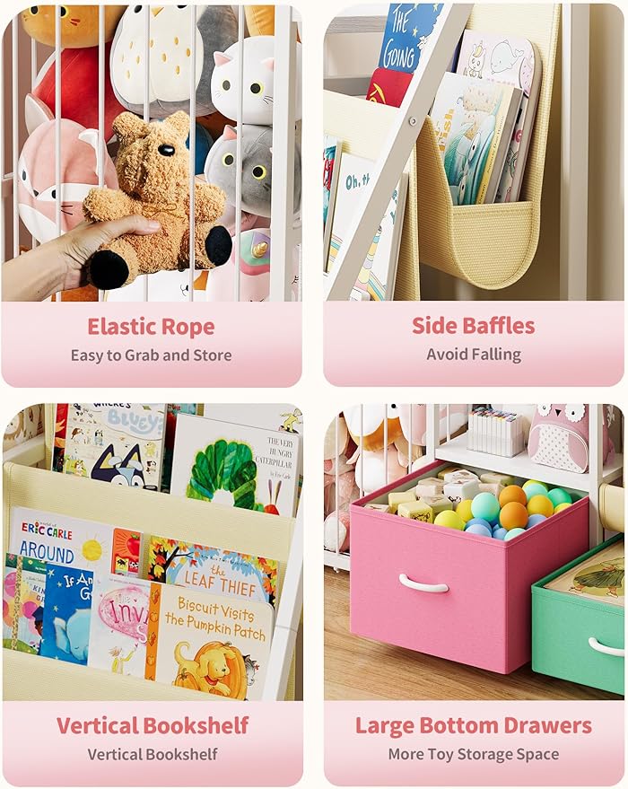 Kids Bookshelf and Toy Storage, Large 3 Tier Book Shelf for Kids Rooms, Sling Baby Bookcase with Stuffed Animal Storage, Toddler Montessori Bookshelf for Nursery, Playroom (Pink+Green)