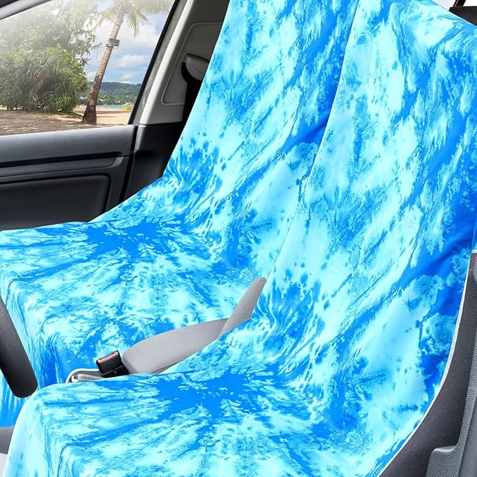 Hahafelt 1 Pack Car Seat Towel Covers with Storage Bag 63 x 32 Inch Athletic Running Towel Seat Sweat Washable Non Slip Cover Gift for Car Outdoor Sport Activities (Blue Tie Dye)