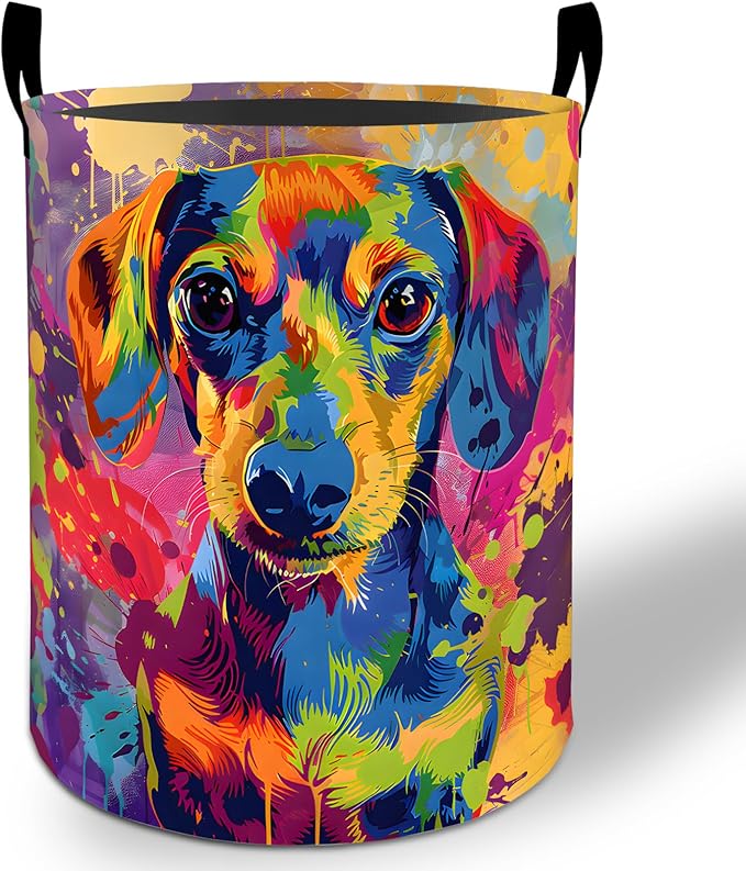 Dachshund Laundry Basket Hamper 19.7"x15.8", Colorful Dog Foldable Waterproof Oxford Clothes Storage Bucket for Room Bathroom Bedroom Nursery Decor, Toy Organizer Bins Gifts for Kids Boys Girls