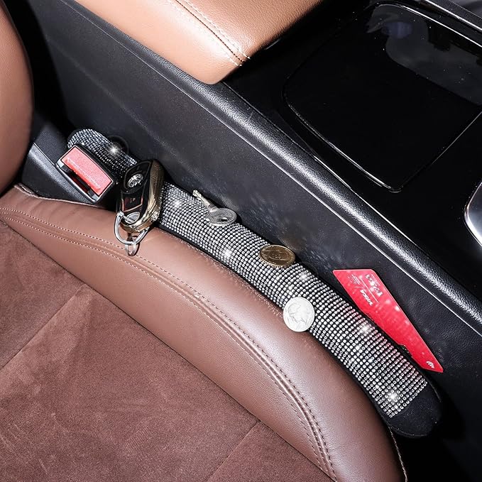 ToBeQueen Bling Car Seat Gap Filler Universal Fit for Car SUV Truck, Set of 2 Handmade Crystal Diamond Rhinestone Seat Gap Blocker Bling Car Accessories for Women(Silver)