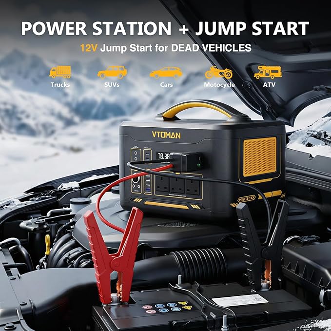 VTOMAN Jump 1500X Portable Power Station with Jumper Cables, 828Wh LiFePO4 Battery Solar Generator & Car Jump Starter, 1500W AC Outlet, 100W PD Type-C&Regulated DC for Home Backup Roadside Emergencies