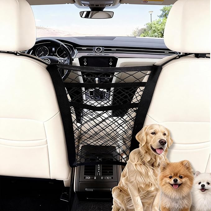 Car Net for Dogs, Dog Barrier for SUV Black 3-Layer Four-Sided Stretchable Dog Net for Car Back Seat with Storage Mesh – Easy Install, Pets Fits Most Cars & SUV