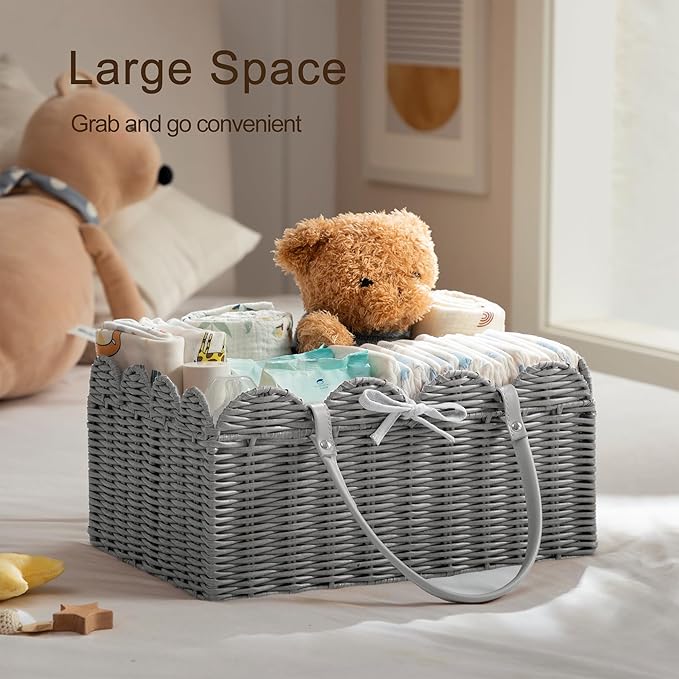 HBlife Baby Diaper Caddy Organizer, Large Portable Scalloped Plastic Wicker Woven Basket with Divider, Nursery Diaper Station, Baby Shower Gifts Basket, Car Organizer, Washable Waterproof