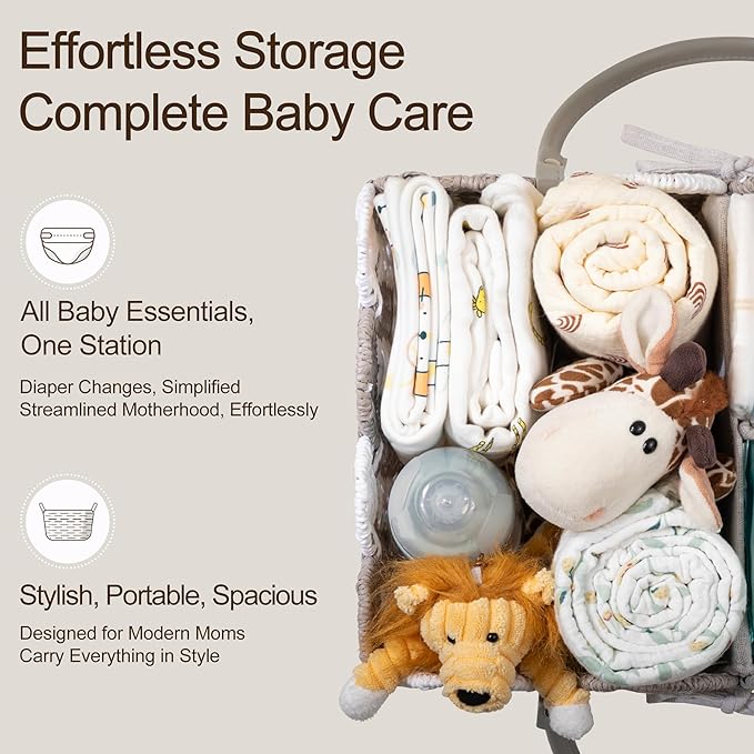 HBlife Baby Diaper Caddy, Paper Rope Storage Baskets Nursery Bin with Removable Divider, Portable Car Organizer for Diapers, Baby Shower Gifts, Newborn Essentials Must Haves