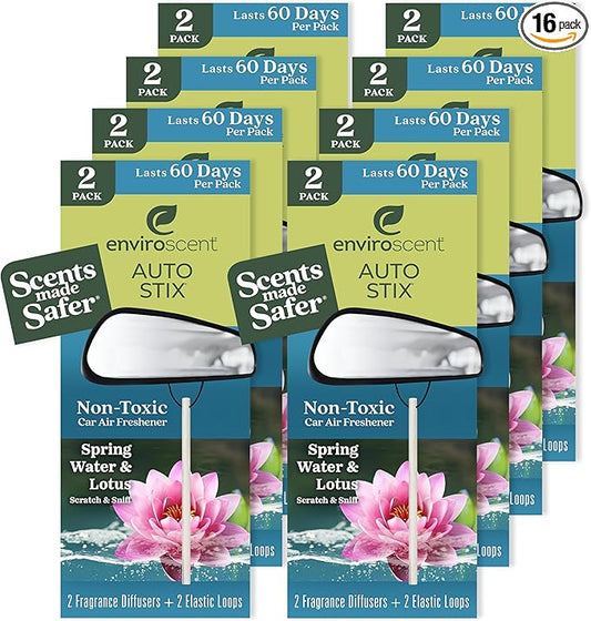 Enviroscent Non-Toxic* Car Air Freshener Auto Stix® - Scents Made Safer - Enjoy Fragrance Lasts Up to 480 Days - Includes Auto Stix® Diffusers & Elastic Loops - Spring Water & Lotus (Pack of 8)