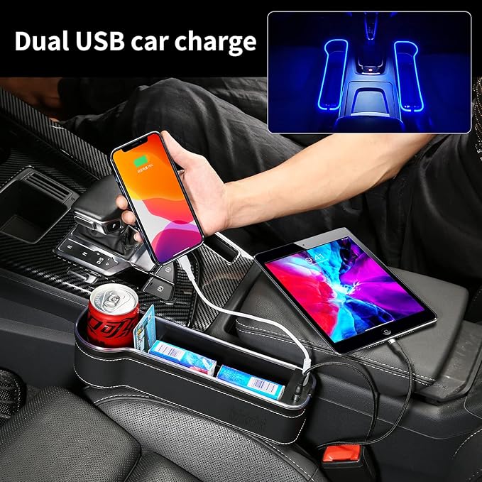 7 Color Led Car Seat Gap Organizer with 56W Fast Charger Car Console Organizer with Cup Holder Front Seat Gap Filler with USB Between Seat Cup Holder fit for Android iPhone (Black)