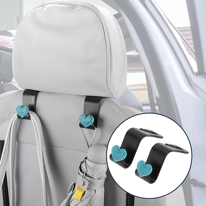Car Seat Headrest Hook Interior Accessories for Most Car, SUV, Truck Car Seat Back Organizer Hooks Plastic Rhinestone Sturdy Blue 2.4"x1.26"