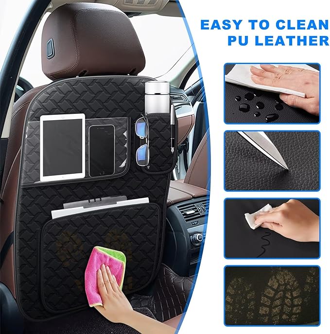 Back Seat Protector 2 Pack Fit For Subaru Solterra Car Kick Mats with Touch Screen Tablet Holder Storage Organizer Waterproof Dirt Proof Faux Leather Auto Accessories for Kids (1 Pair Black)