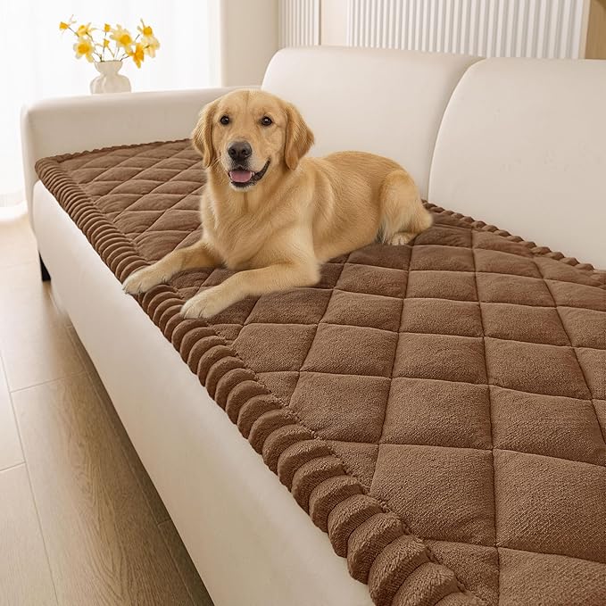 Smiry Fuzzy Couch Cover for Dogs, Non Slip Washable Pet Sofa Cover, Scratch Proof Hair Resistant Plush Sofa Slipcover, Pet Friendly Couch Cushion Protector for Cat, Brown, 27.6" x 88"