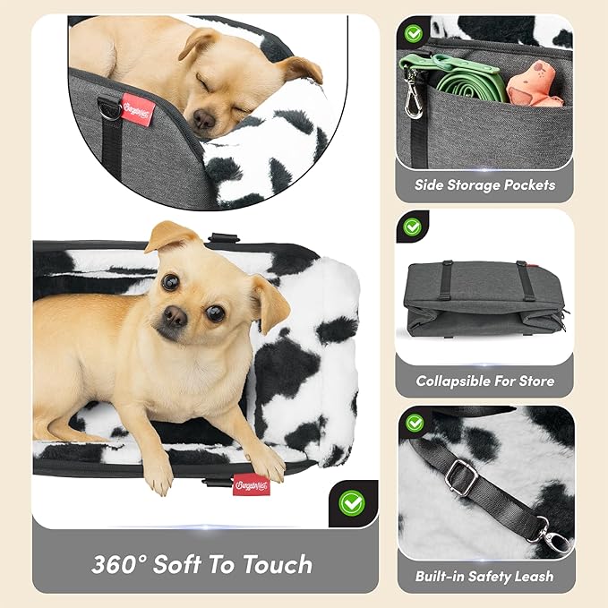 BurgeonNest Center Console Small Dog Car Seat - Portable Pet Cat Puppy Booster Armrest Carseat Up to 11lbs, Anti-Collapse Comfort Car Travel with Washable Fluffy Cushion and Pillow, Milk Cow