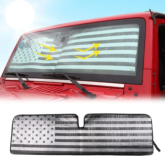 Windshield Flag Sunshade Sun Shade Heat Shield Sun Visor Mat Compatible with Jeep Wrangler Rubicon Sahara TJ JK JKU 2 Door & 4 Door