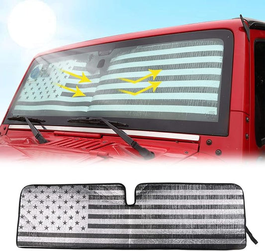 Windshield Flag Sunshade Sun Shade Heat Shield Sun Visor Mat Compatible with Jeep Wrangler Rubicon Sahara TJ JK JKU 2 Door & 4 Door