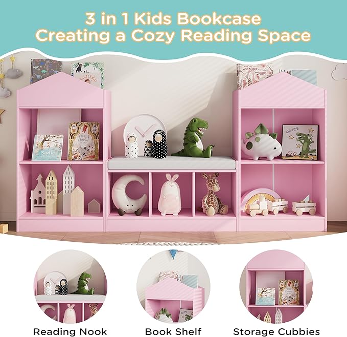 MHOM 68.9“ Kids Bookshelf with Reading Nook, Toy Storage Organizer with Seat Cushion and 7 Storage Cubbies, Wooden Kids Bookcase, Toy Organizers for Nursery, Playroom, Pink