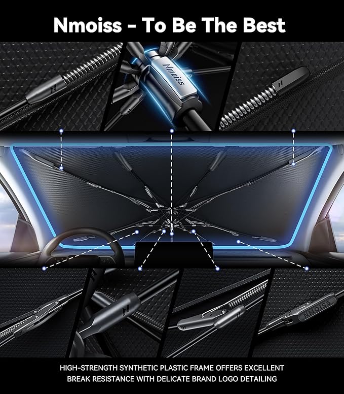 Nmoiss Windshield Sun Shade Umbrella for for Toyota 4runner Highlander RAV4 - [Vinyl Coating Heat Shield] Protect Car from Sun Rays & Heat Damage Keep Cool and Protect Interior, Spring Structure Edge