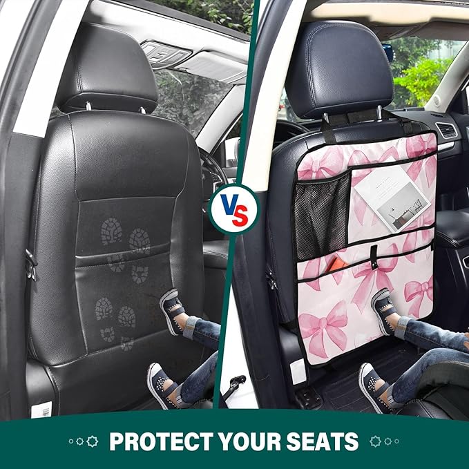 KJIMZO Pink Bows Car Backseat Organizer Kick Mats Protector Seat Covers Vehicle Back Seat with Storage Pockets for Road Trip-2Ppacks
